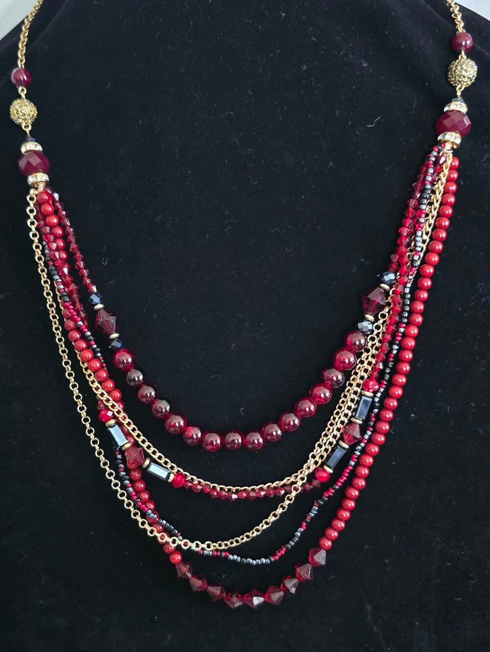Multi-Strand Red Beaded Statement Necklace